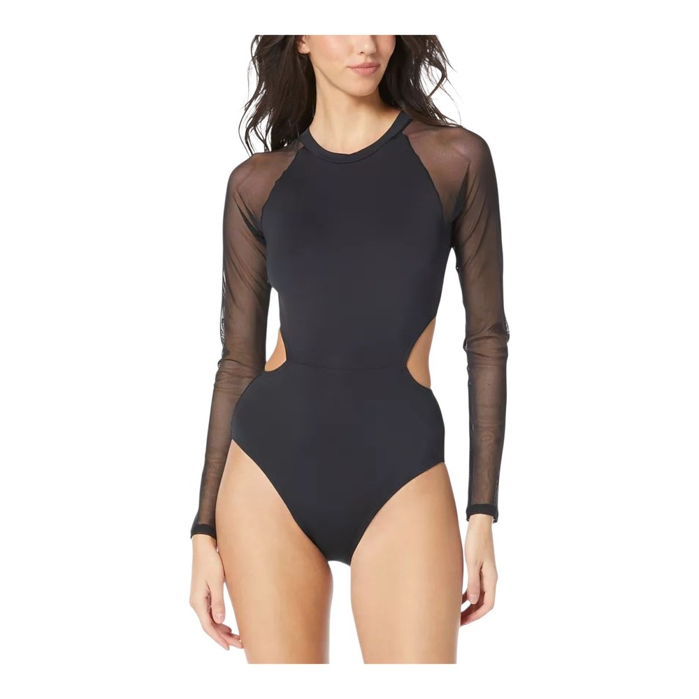 Vince Camuto Womens Mesh-Sleeve Cut-Out One-Piece Swimsuit Black Size 8 Zip‎